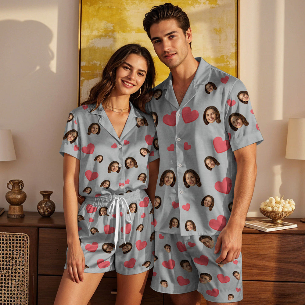 Custom Face Short Sleeve Pajamas Custom Red Heart Photo Pajamas