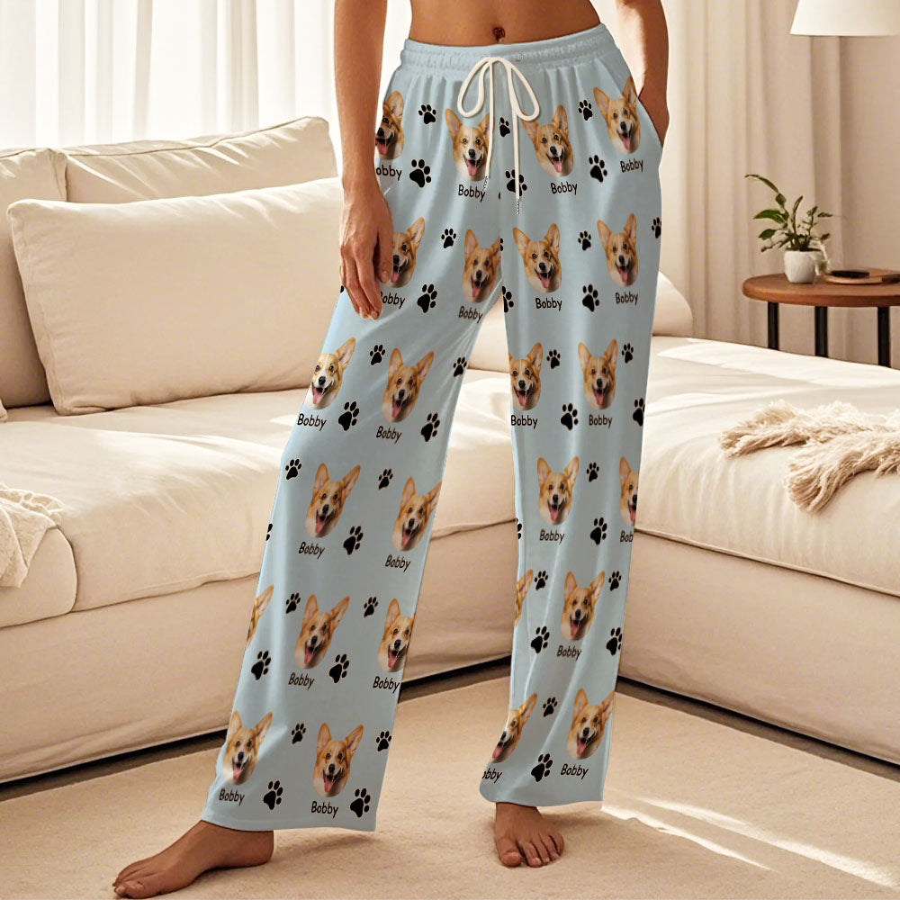 Personalized Dog Cat Face Photo Multicolor Plaid Name Pajama Pants Birthday Christmas Gift for Women Men Pet Lovers