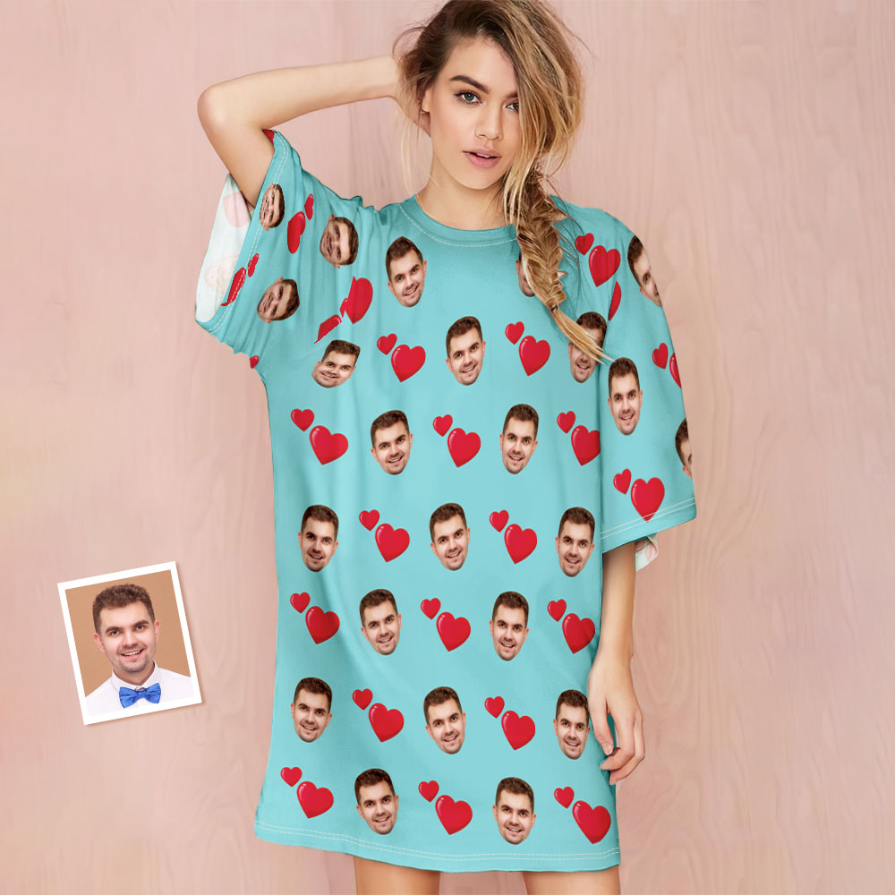 Custom Photo Face Nightdress Personalized Women's Oversized Nightshirt Heart Design Gifts