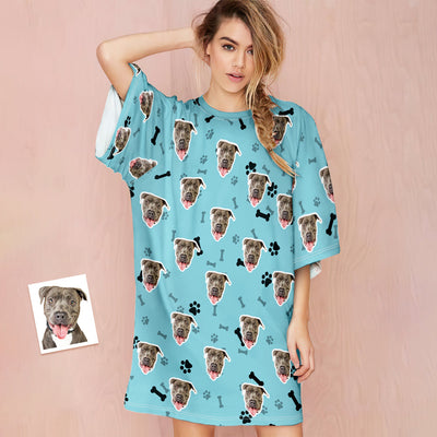 Custom Dog Face Nightdress Personalized Photo Women's Oversized Colorful Nightshirt Bone Gifts For Women - mysiliconefoodbag