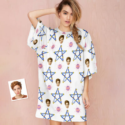 Custom Face Nightdress Personalized Women's Oversized Nightshirt Star Gift For Her - mysiliconefoodbag