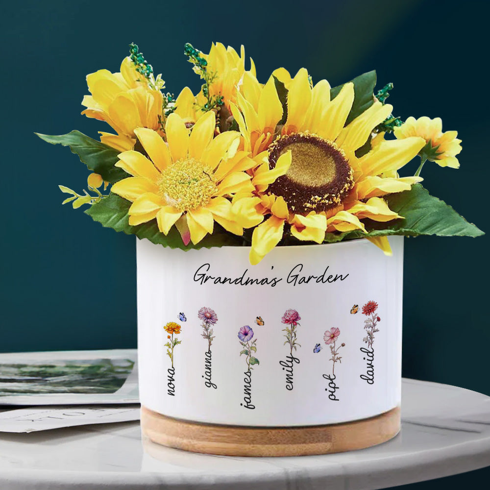 Mother's Day Gifts Custom Birth Flowers Pot Personalized Name Ceramic Plant Pot