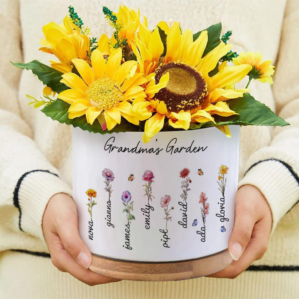 Mother's Day Gifts Custom Birth Flowers Pot Personalized Name Ceramic Plant Pot