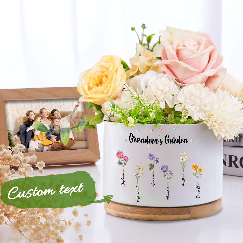 Custom Birth Flowers Planter Ceramic Pot Personalized Name Mom's Gifts