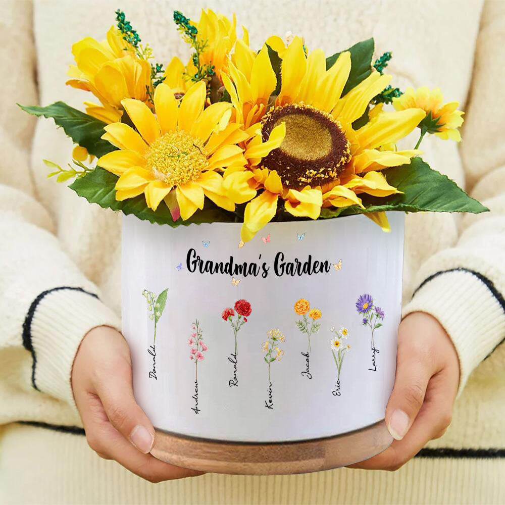 Custom Birth Flowers Planter Ceramic Pot Personalized Name Mom's Gifts