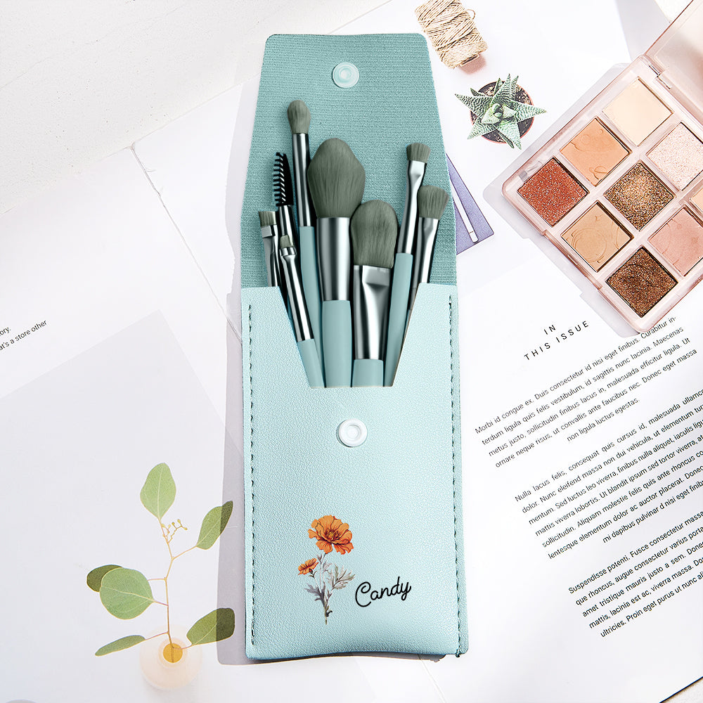 Personalized Birth Flower Leather Makeup Brush Bag with 8 Pcs Makeup Brushes Birthday Wedding Gift