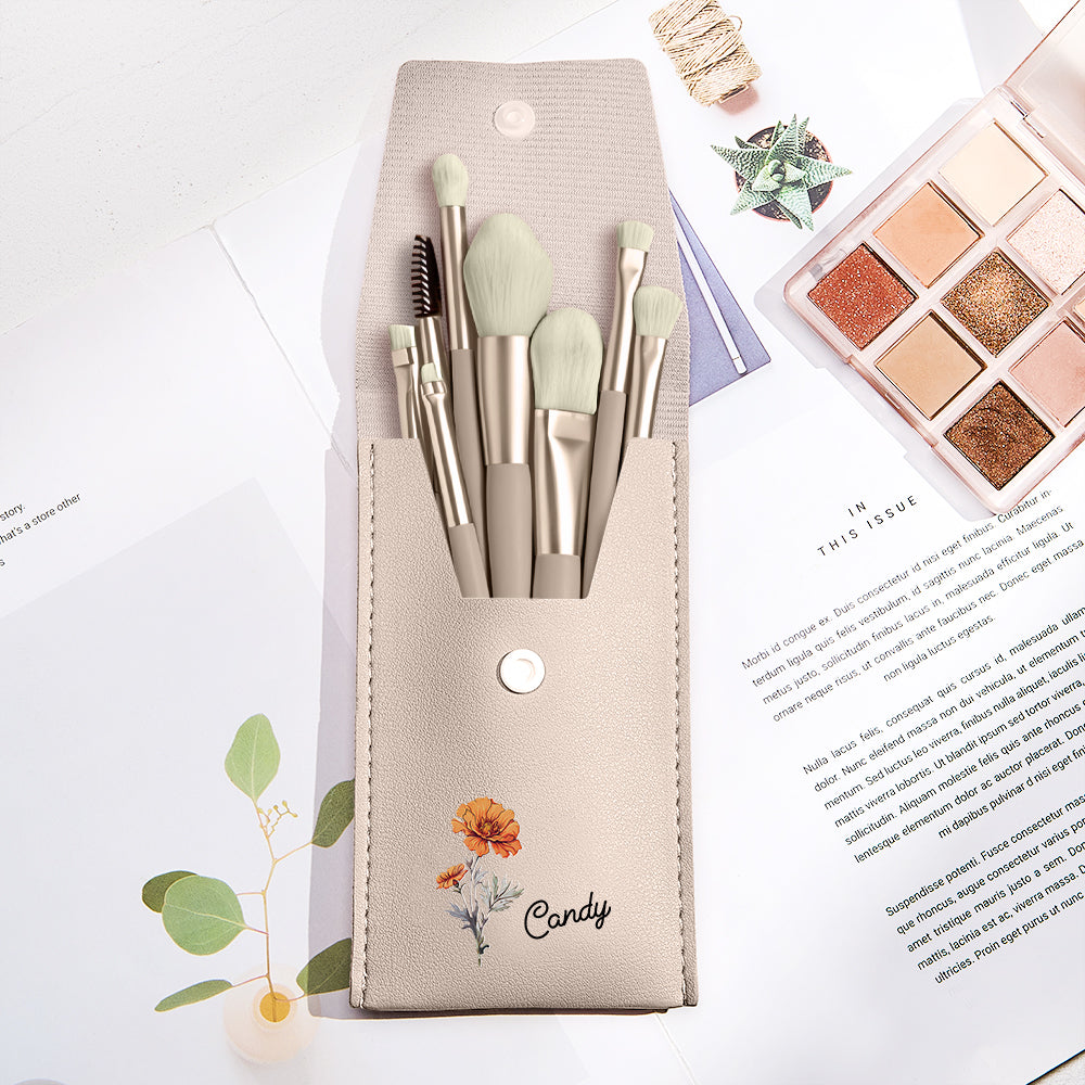 Personalized Birth Flower Leather Makeup Brush Bag with 8 Pcs Makeup Brushes Birthday Wedding Gift