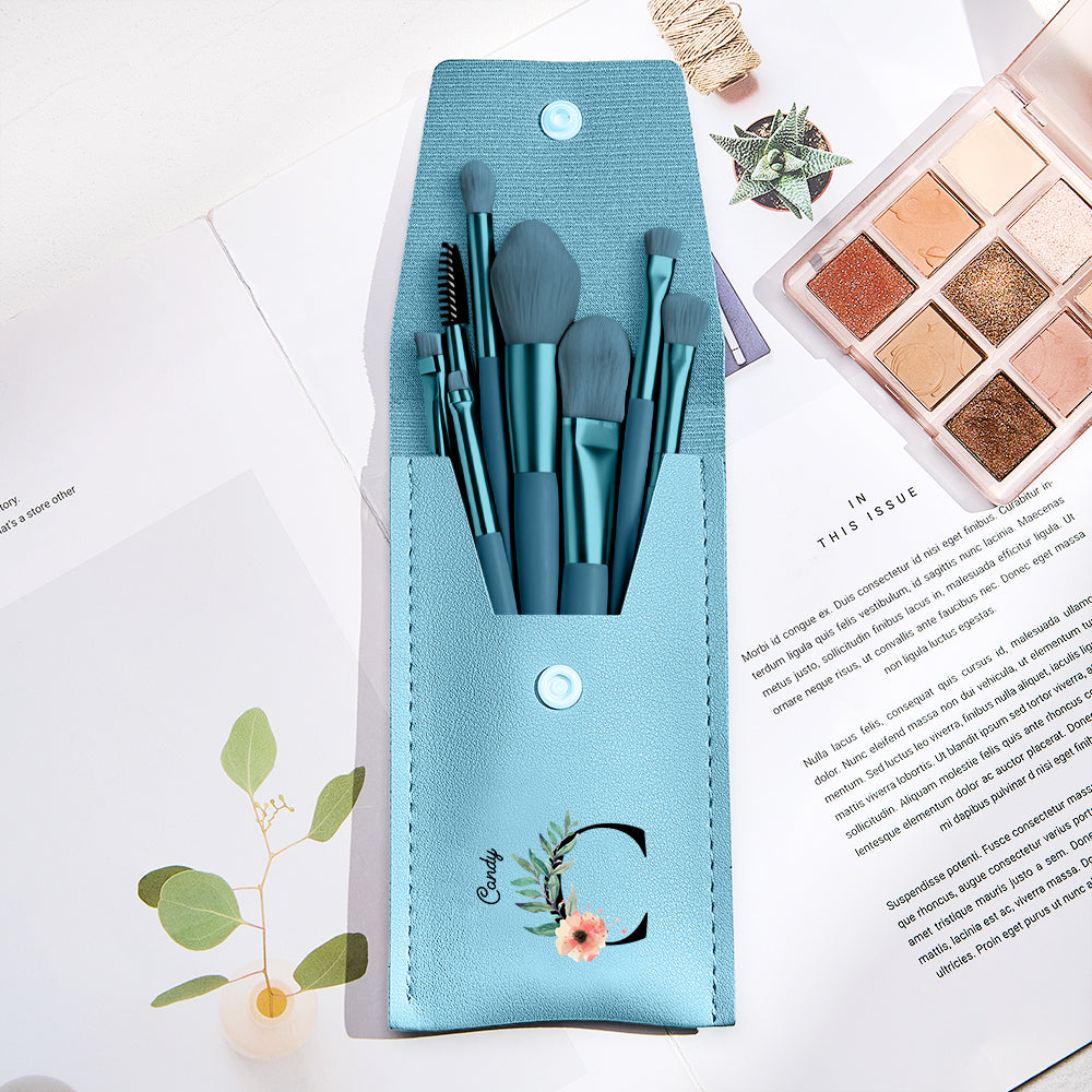 Personalized Flower Leather Makeup Brush Bag with 8 Pcs Makeup Brushes Gift for Her