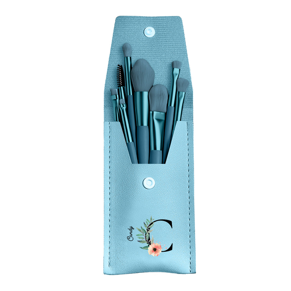 Personalized Flower Leather Makeup Brush Bag with 8 Pcs Makeup Brushes Gift for Her