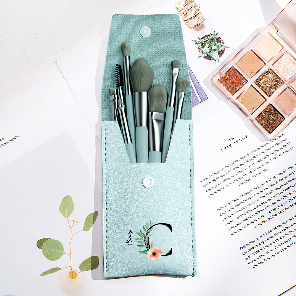 Personalized Flower Leather Makeup Brush Bag with 8 Pcs Makeup Brushes Gift for Her