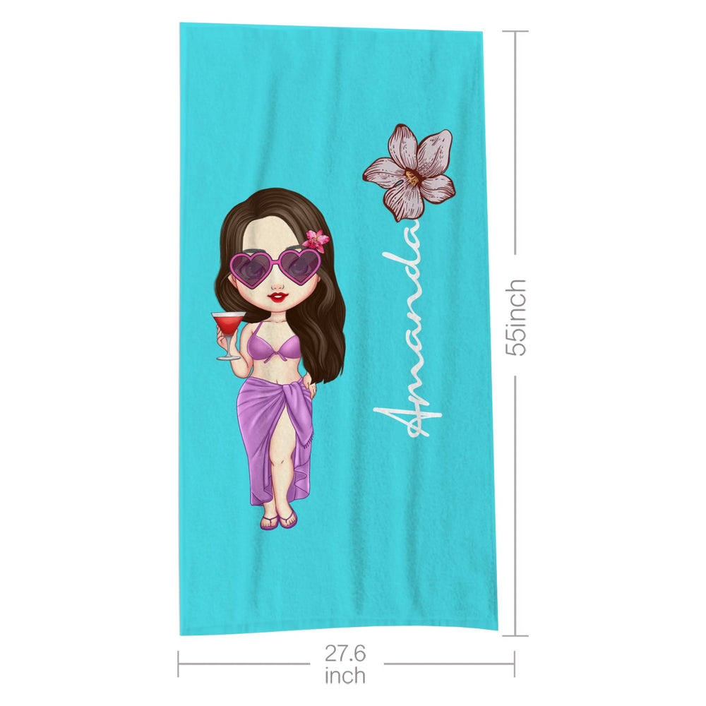 Custom Cartoon Women Girl Birth Flower Multicolor Beach Towel Personalized Name Vacation Beach Towel Gift for Friend