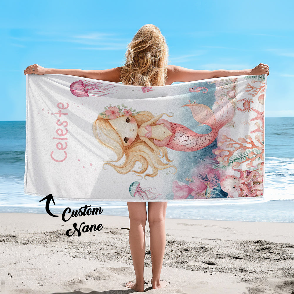 Personalized Cute Mermaid Beach Towel with Name Beach Vacation Accessories Gift for Girl