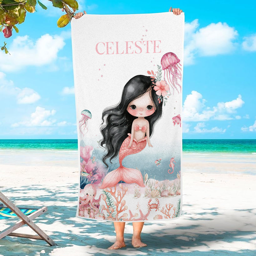 Personalized Cute Mermaid Beach Towel with Name Beach Vacation Accessories Gift for Girl