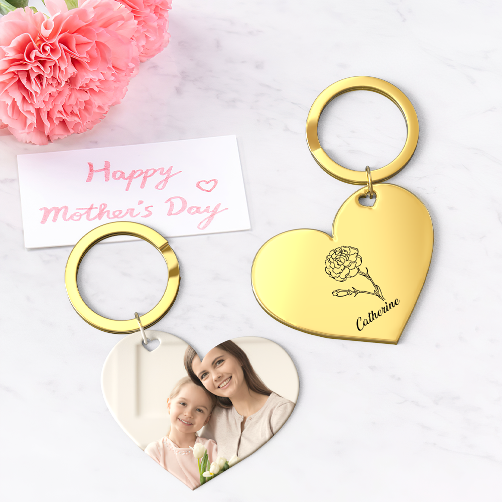 Birth Flower Keychain Custom Photo Keychain Mothers Day Gifts for Mom