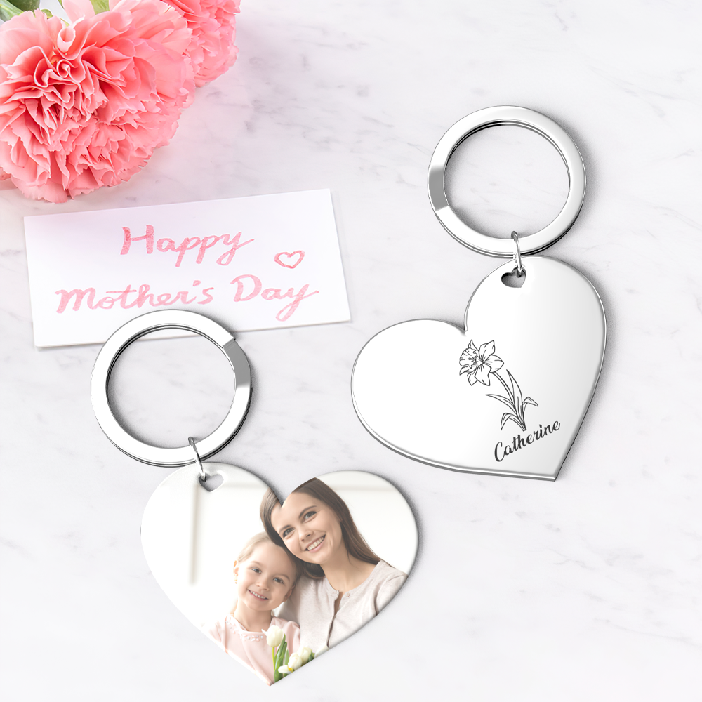 Birth Flower Keychain Custom Photo Keychain Mothers Day Gifts for Mom