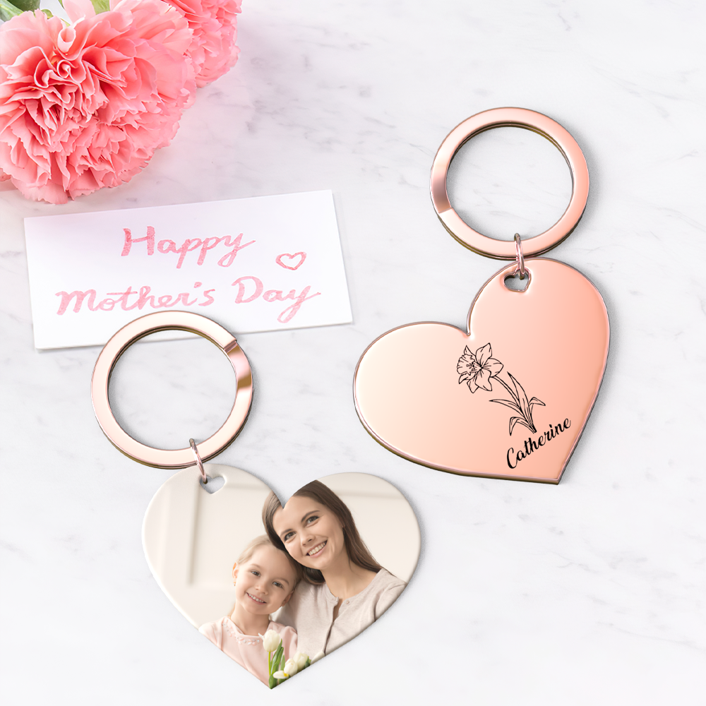 Birth Flower Keychain Custom Photo Keychain Mothers Day Gifts for Mom