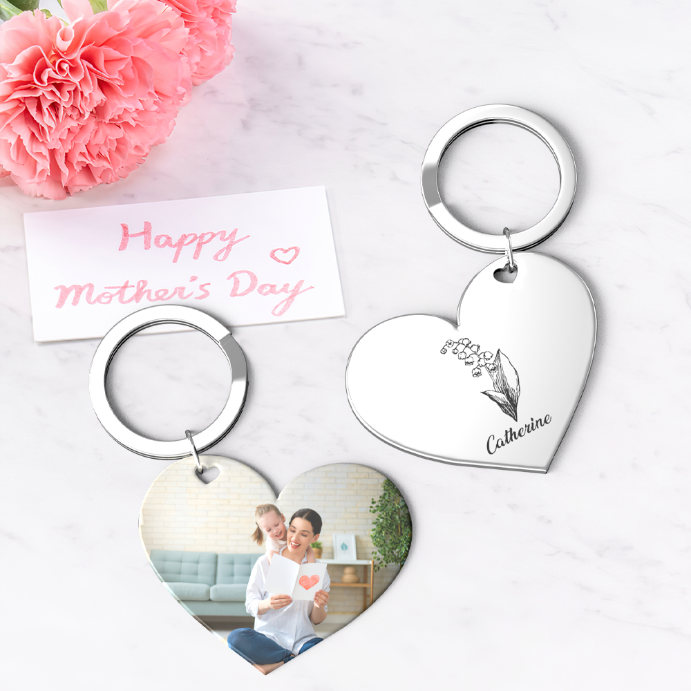 Birth Flower Keychain Custom Photo Keychain Mothers Day Gifts for Mom