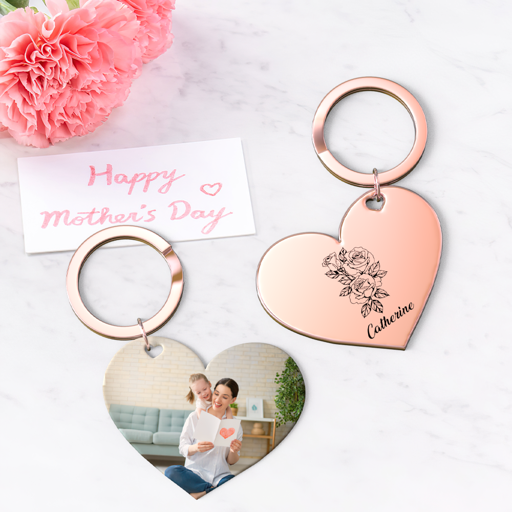 Birth Flower Keychain Custom Photo Keychain Mothers Day Gifts for Mom