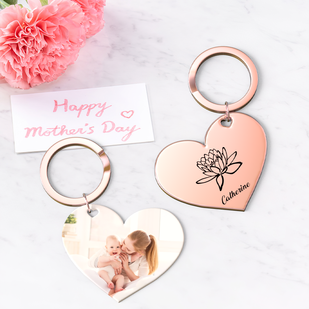 Birth Flower Keychain Custom Photo Keychain Mothers Day Gifts for Mom