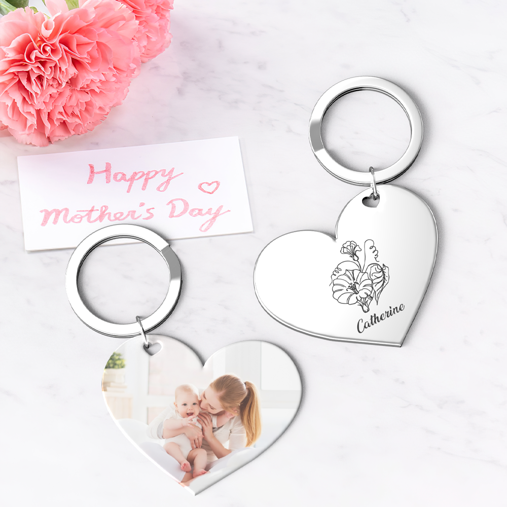 Birth Flower Keychain Custom Photo Keychain Mothers Day Gifts for Mom