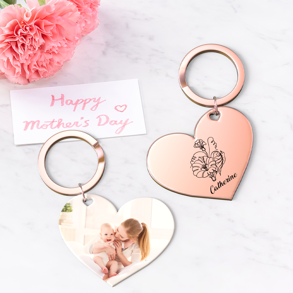 Birth Flower Keychain Custom Photo Keychain Mothers Day Gifts for Mom