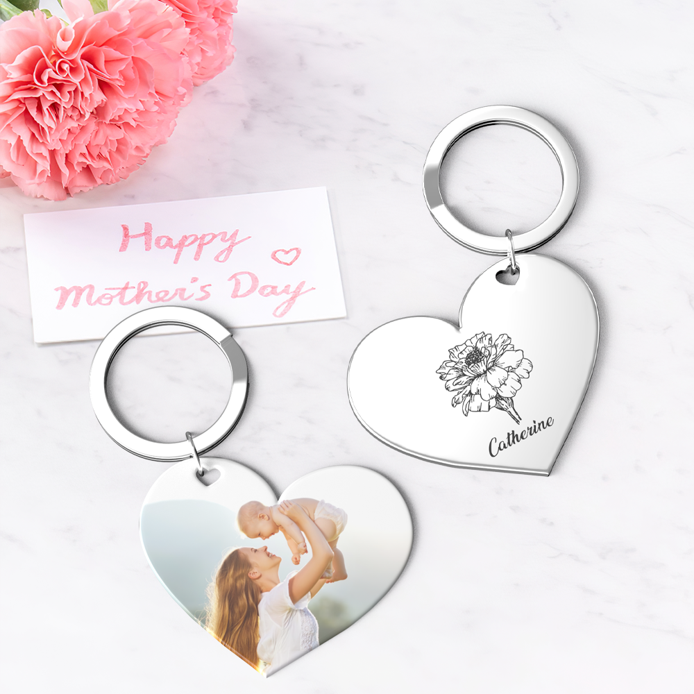 Birth Flower Keychain Custom Photo Keychain Mothers Day Gifts for Mom