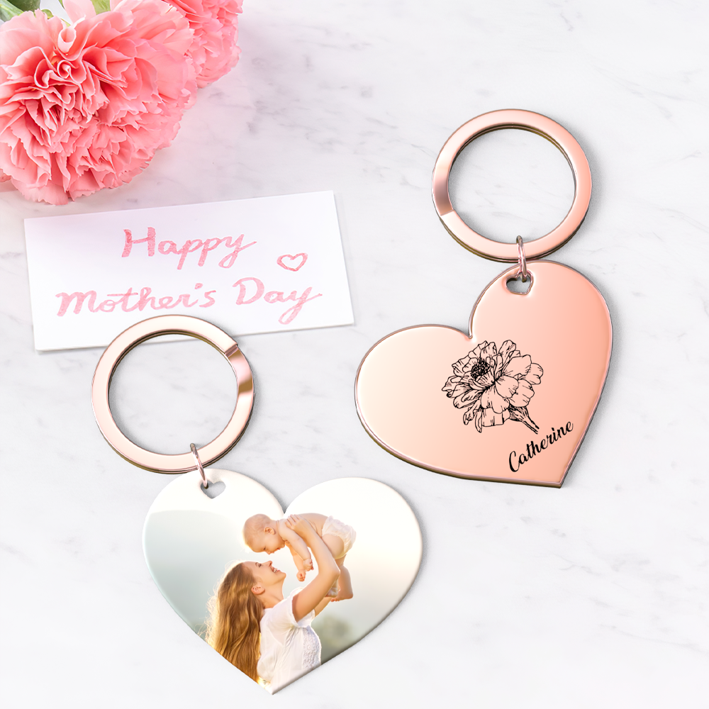 Birth Flower Keychain Custom Photo Keychain Mothers Day Gifts for Mom