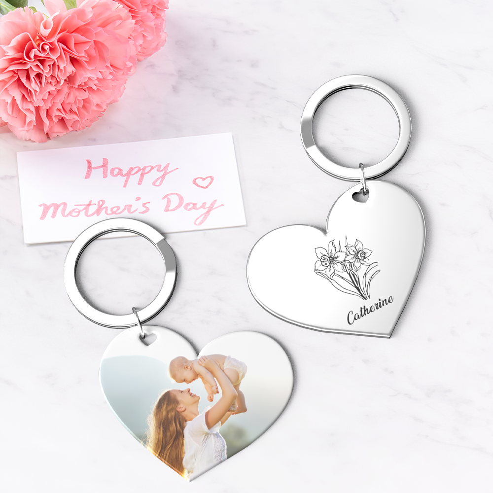 Birth Flower Keychain Custom Photo Keychain Mothers Day Gifts for Mom