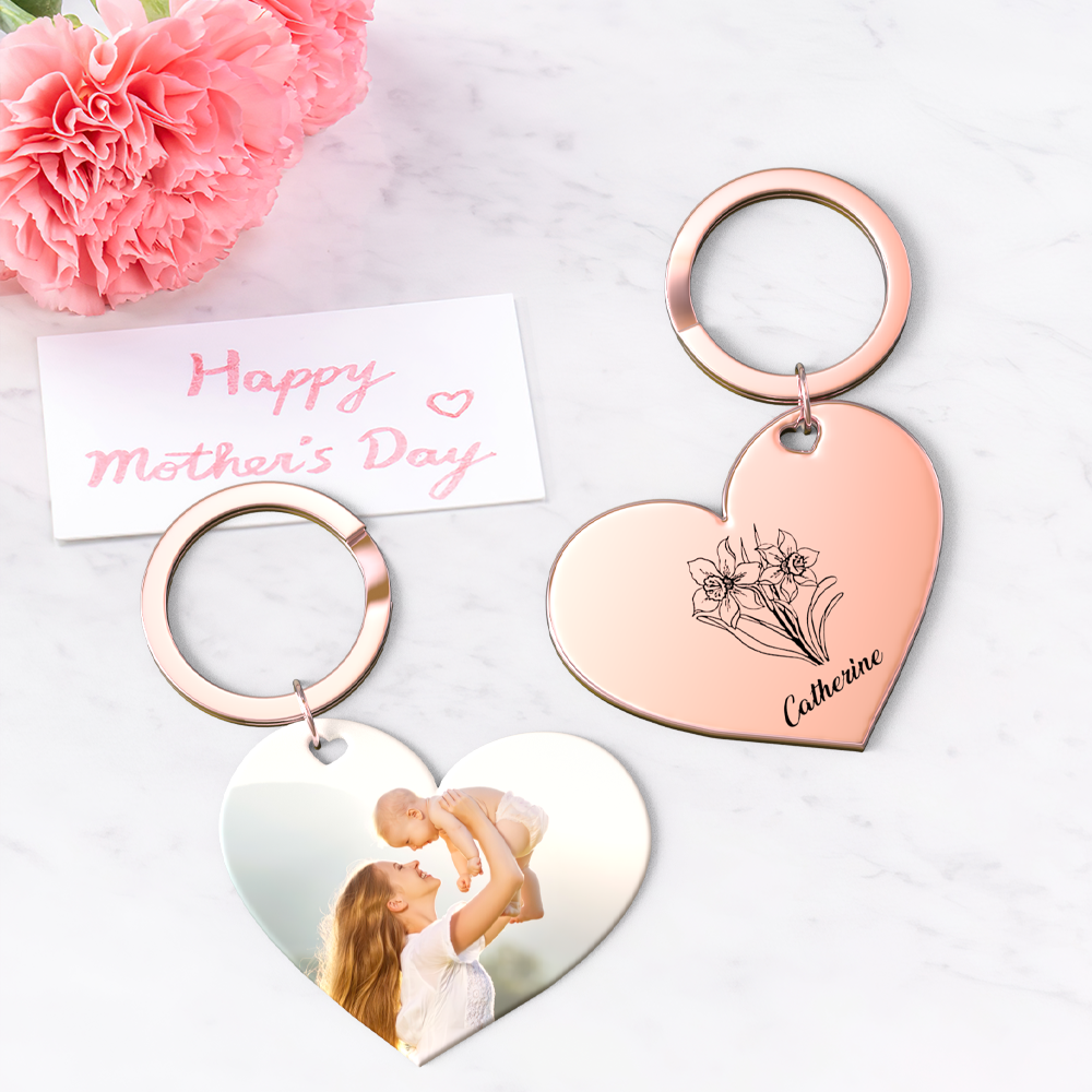 Birth Flower Keychain Custom Photo Keychain Mothers Day Gifts for Mom