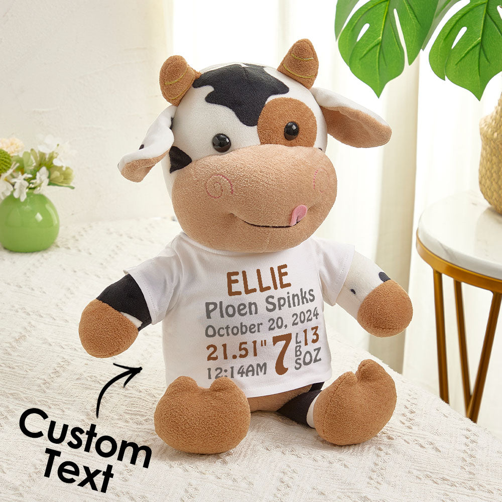 Personalized Cow Plush Stuffed Toy Birth Announcement Gift for Baby Shower