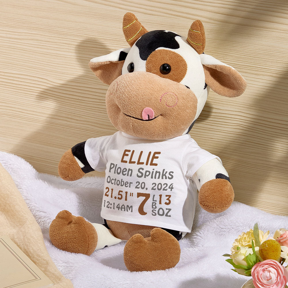 Personalized Cow Plush Stuffed Toy Birth Announcement Gift for Baby Shower