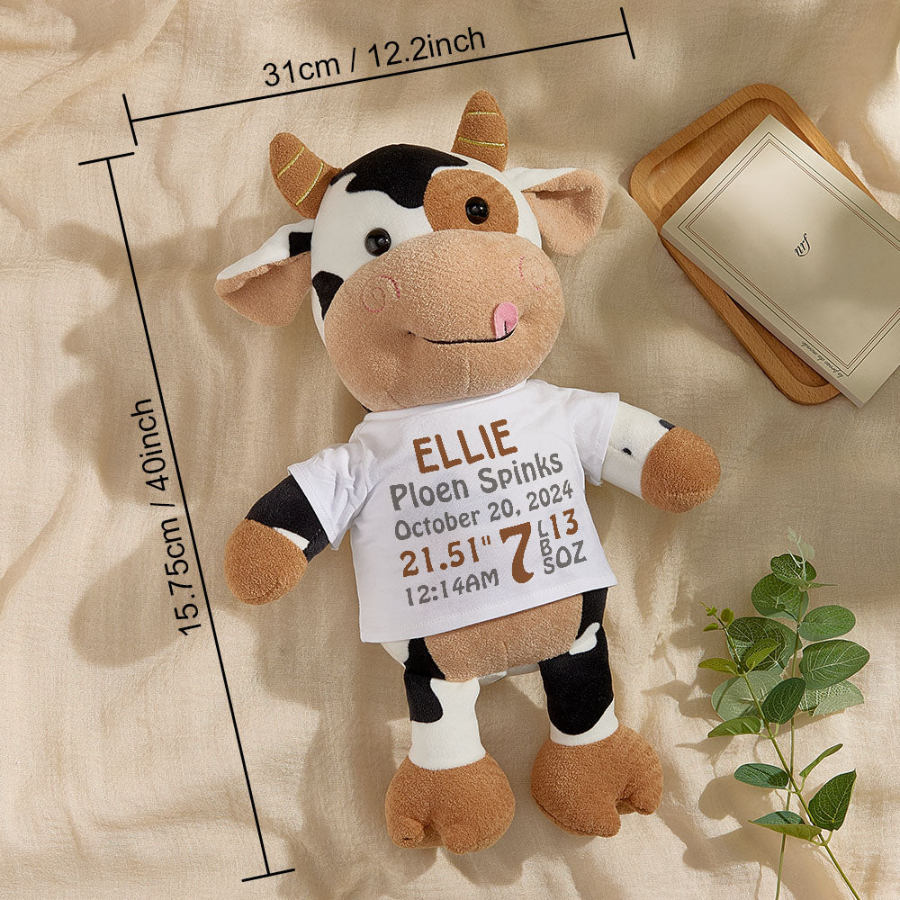 Personalized Cow Plush Stuffed Toy Birth Announcement Gift for Baby Shower