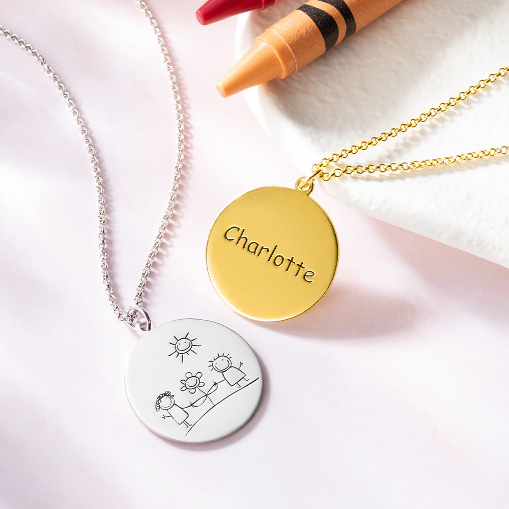 Turn Drawings into Disc Necklace Engraved Child's Drawing Necklace