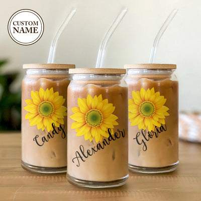 Custom Name Can Glass with Sunflower with Straw Bridesmaid Gifts - mysiliconefoodbag