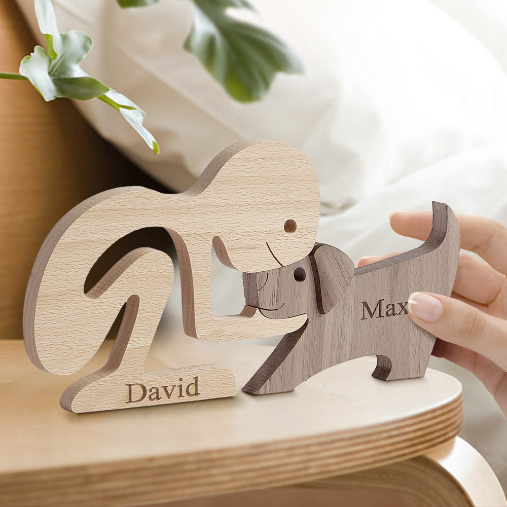 Man and Dog Wooden Pet Carving Blocks Custom Name Table Decor Gifts for Pet Lover