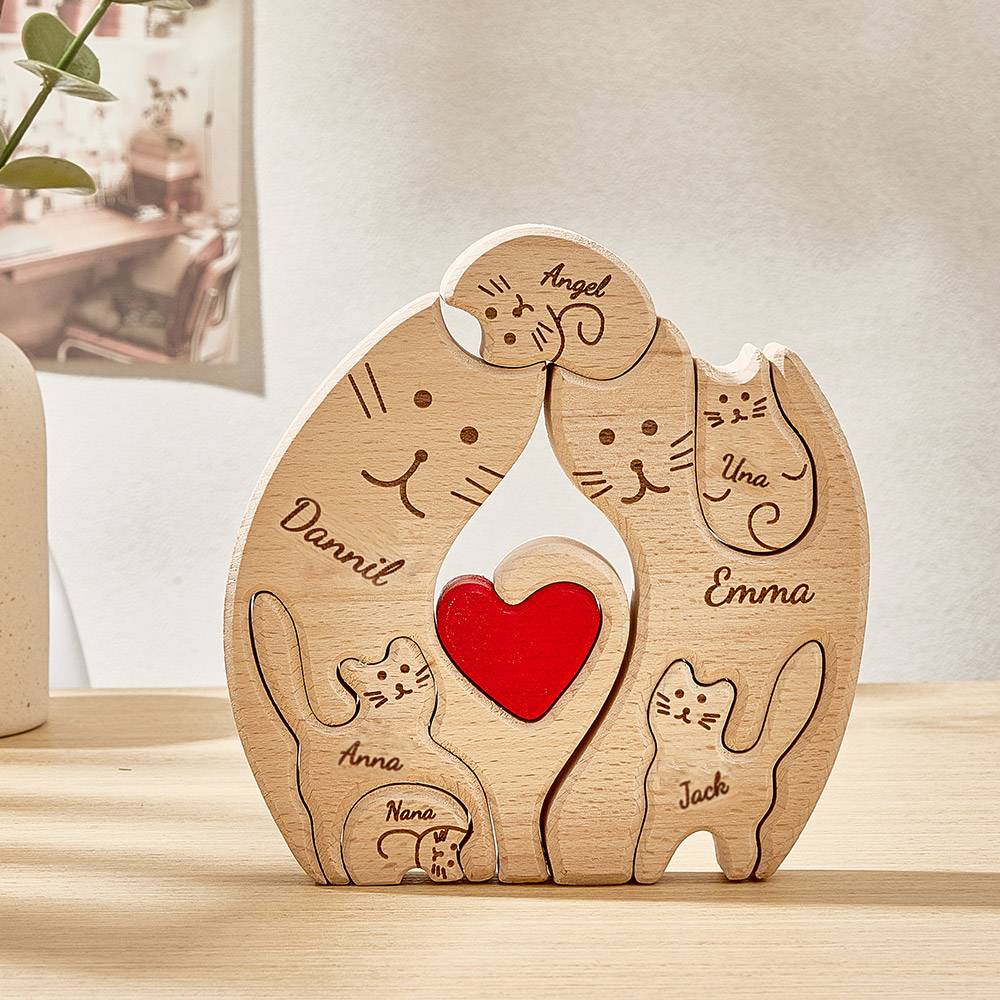 Personalized Wooden Cats Custom Family Member Names Puzzle Home Decor Gifts