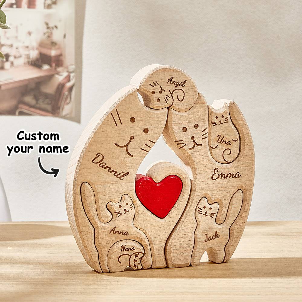 Personalized Wooden Cats Custom Family Member Names Puzzle Home Decor Gifts